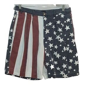 Mens Denim Shorts Fits 34 Star Stripes Red White Blue Lightweight Pleated